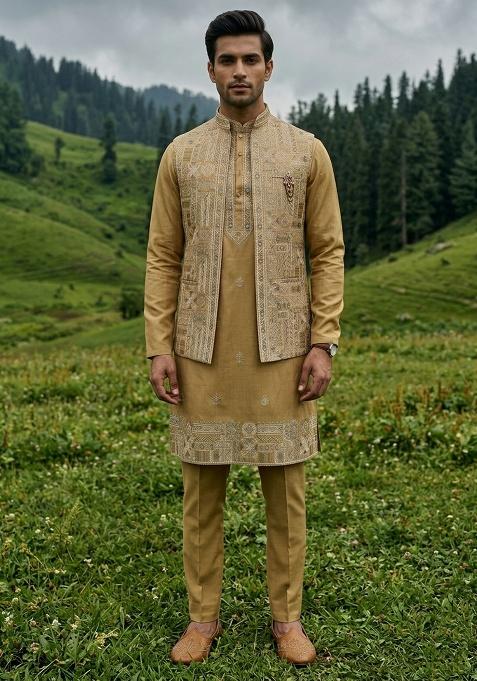 Mustard Thread And Sequins Silk Waistcoat Kurta Set For Men