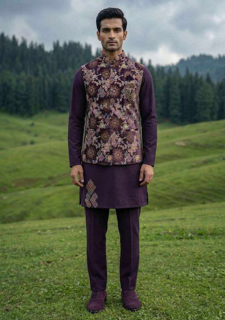 Purple Thread And Sequins Velvet Waistcoat Kurta Set For Men - Indya