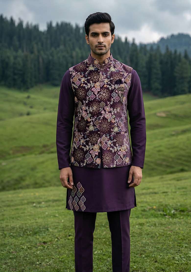 Purple Thread And Sequins Velvet Waistcoat Kurta Set For Men - Indya