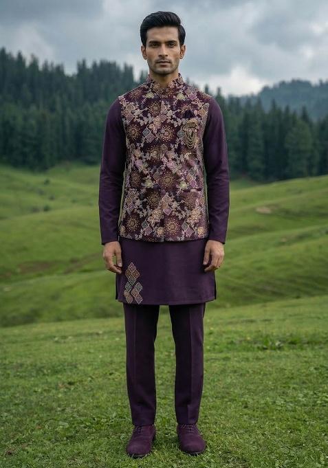 Purple Thread And Sequins Velvet Waistcoat Kurta Set For Men