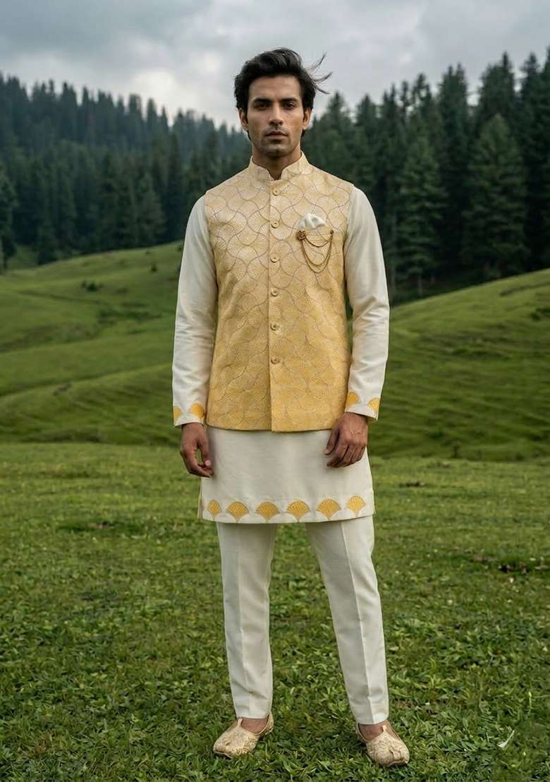 Yellow Ivory Thread And Sequins Silk Blend Waistcoat Kurta Set For Men - Indya