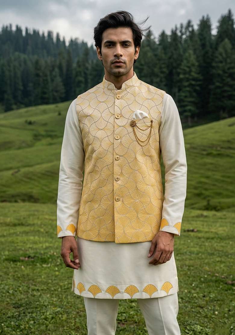 Yellow Ivory Thread And Sequins Silk Blend Waistcoat Kurta Set For Men - Indya