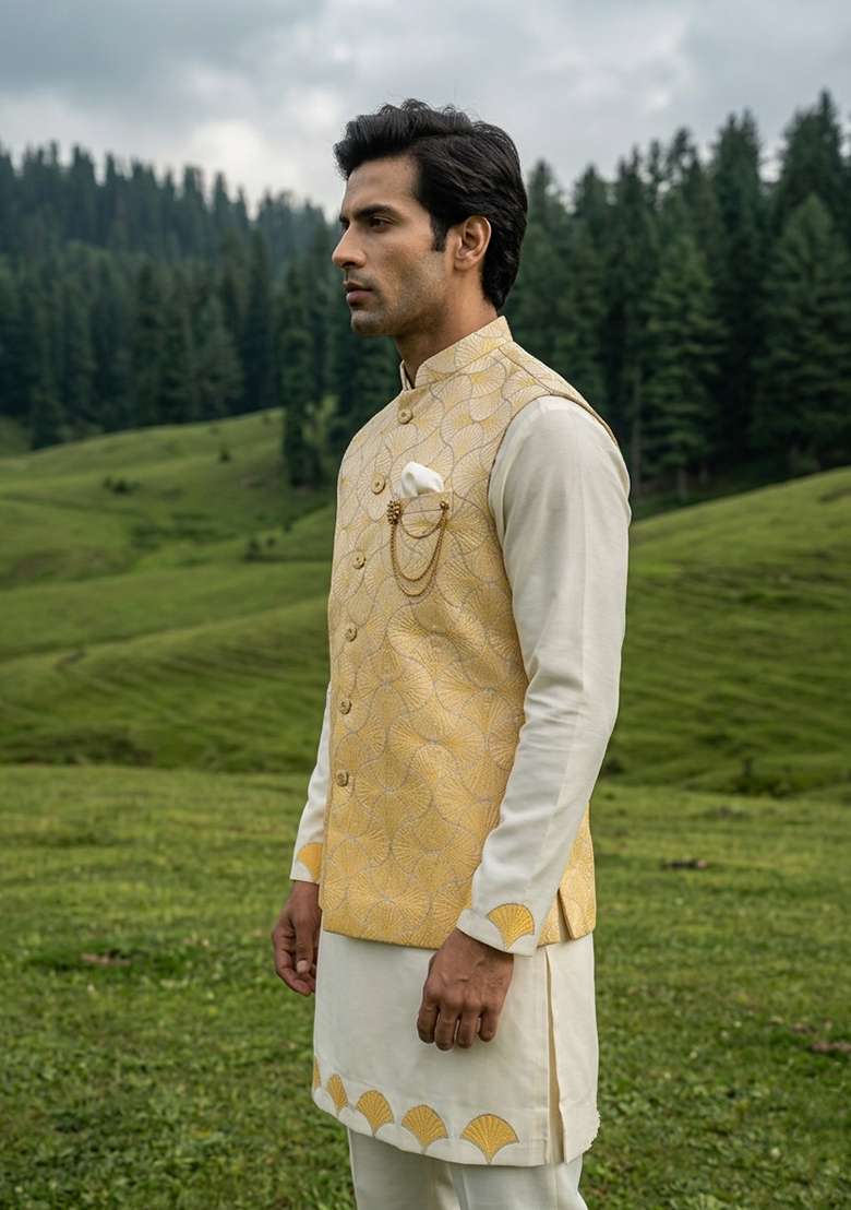 Yellow Ivory Thread And Sequins Silk Blend Waistcoat Kurta Set For Men - Indya