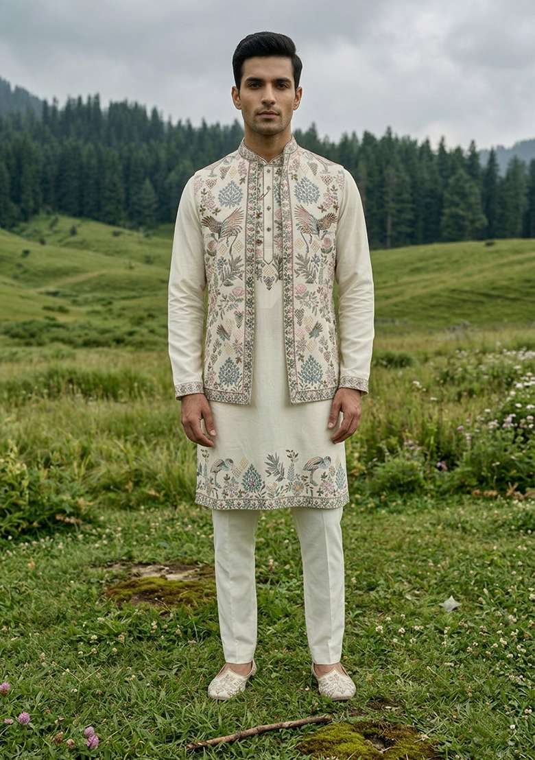 Off White Thread And Sequins Silk Blend Waistcoat Kurta Set For Men - Indya