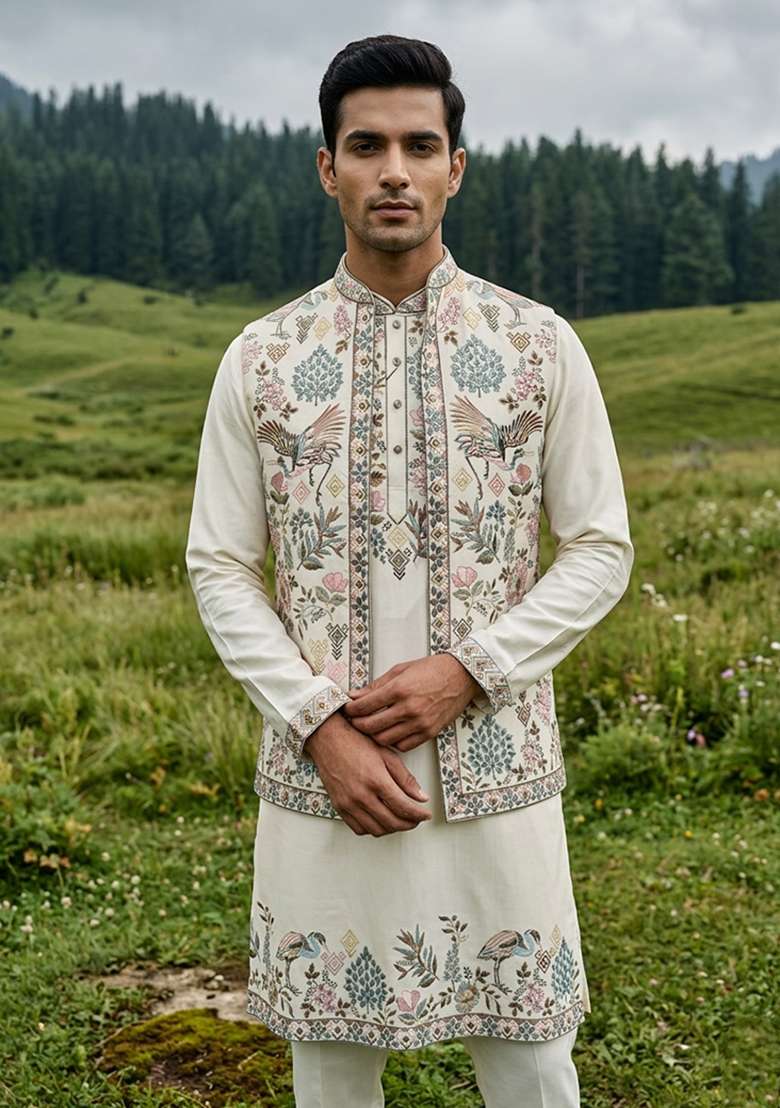 Off White Thread And Sequins Silk Blend Waistcoat Kurta Set For Men - Indya
