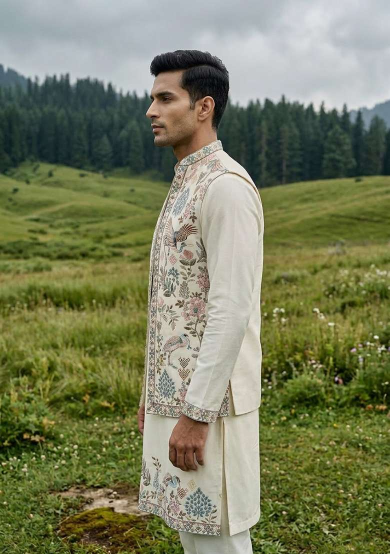 Off White Thread And Sequins Silk Blend Waistcoat Kurta Set For Men - Indya