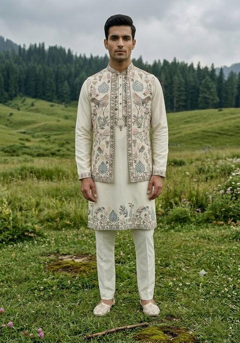 Off White Thread And Sequins Silk Waistcoat Kurta Set For Men
