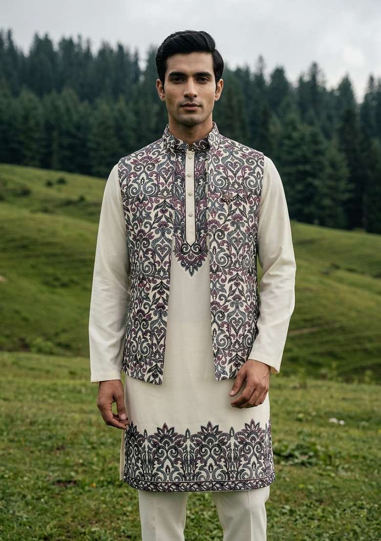 Off White Thread And Sequins Silk Blend Waistcoat Kurta Set For Men - Indya