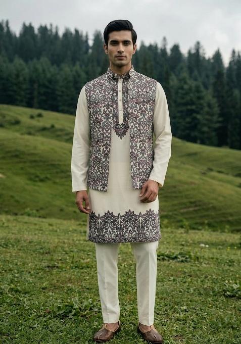 Off White Thread And Sequins Silk Waistcoat Kurta Set For Men