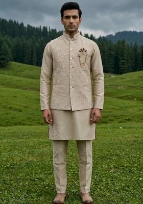 Golden Thread And Sequins Silk Blend Waistcoat Kurta Set For Men