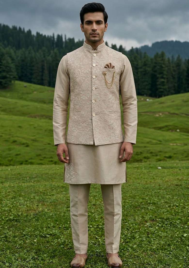 Golden Thread And Sequins Silk Blend Waistcoat Kurta Set For Men - Indya