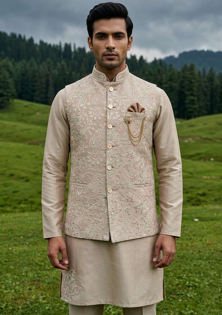 Golden Thread And Sequins Silk Blend Waistcoat Kurta Set For Men - Indya