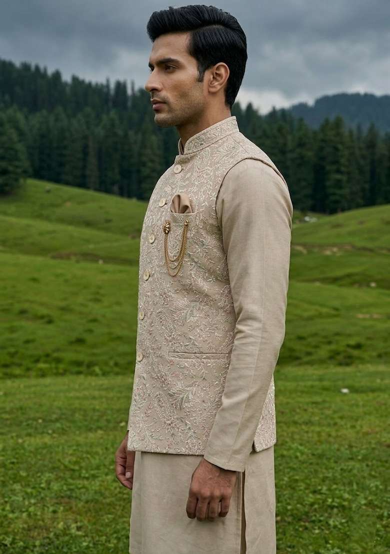 Golden Thread And Sequins Silk Blend Waistcoat Kurta Set For Men - Indya
