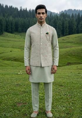 Pista Thread And Sequins Silk Blend Waistcoat Kurta Set For Men