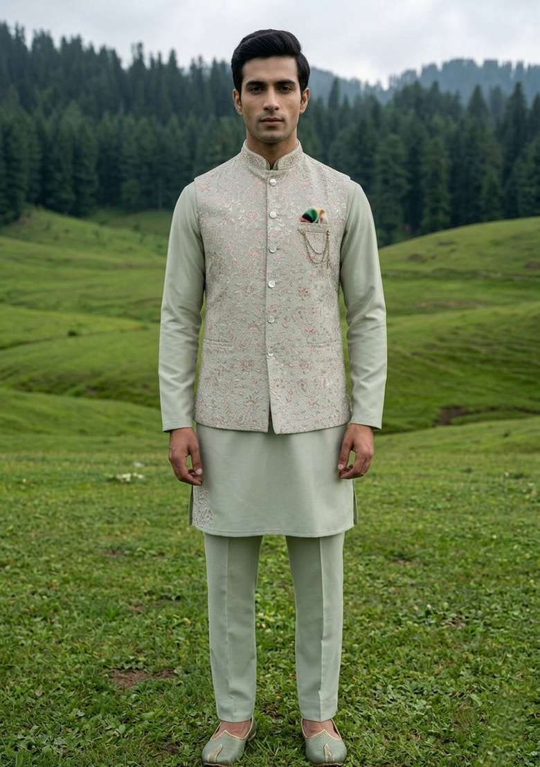 Pista Thread And Sequins Silk Blend Waistcoat Kurta Set For Men - Indya