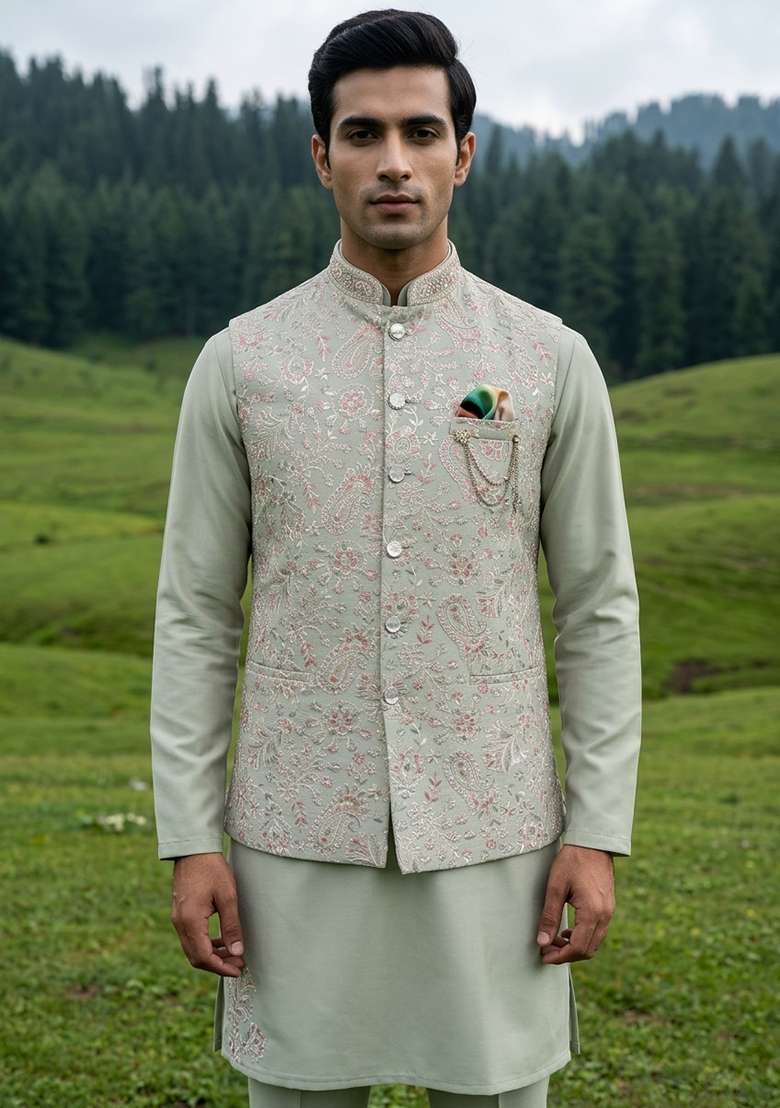Pista Thread And Sequins Silk Blend Waistcoat Kurta Set For Men - Indya