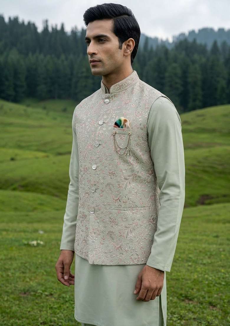 Pista Thread And Sequins Silk Blend Waistcoat Kurta Set For Men - Indya