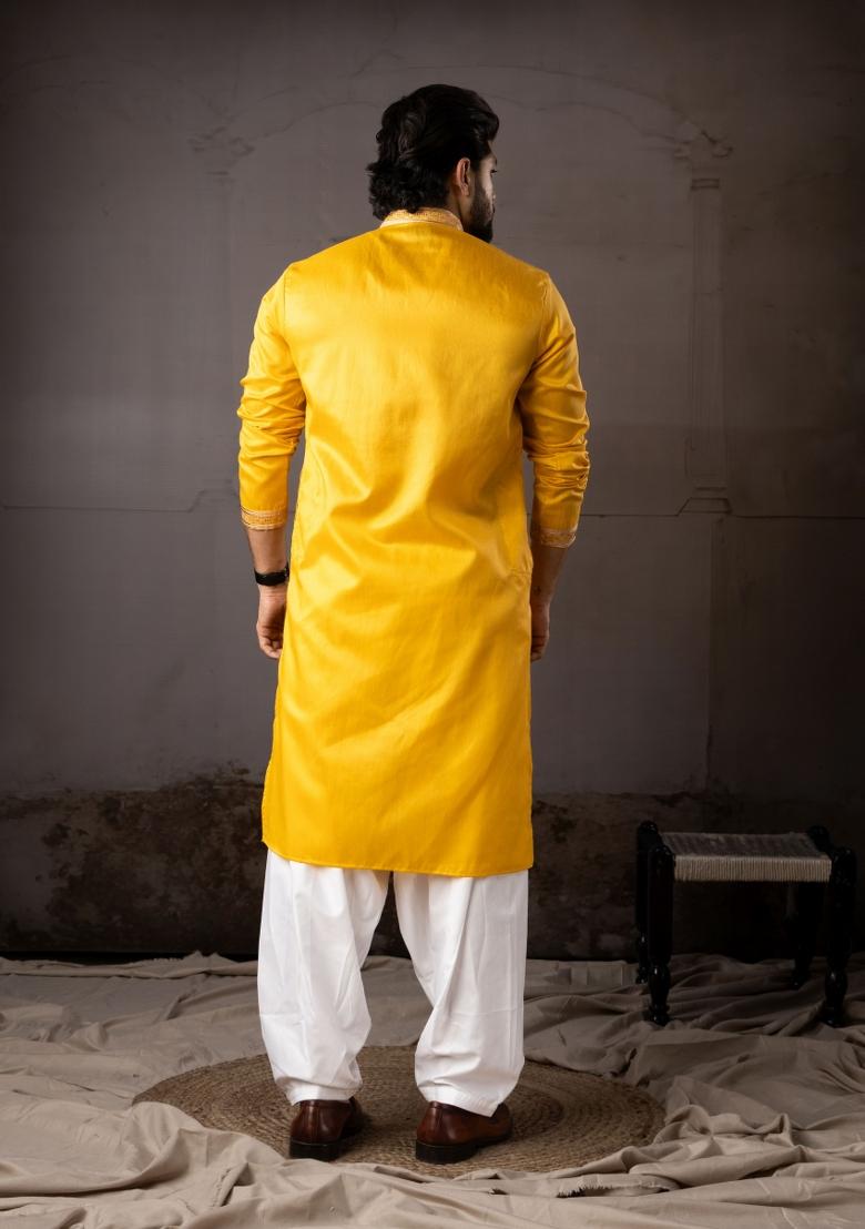 Yellow Embroidery Linen Kurta Pajama Set For Men - Indya