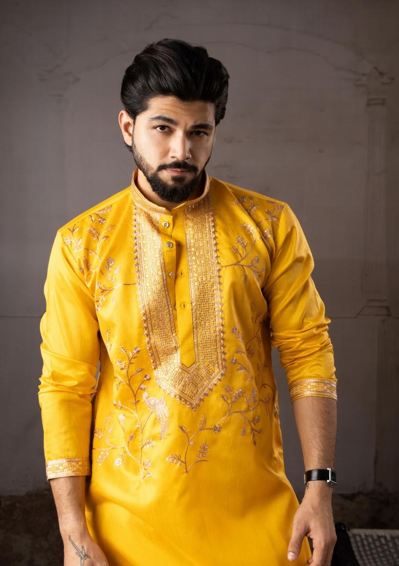 Yellow Embroidery Linen Kurta Pajama Set For Men - Indya