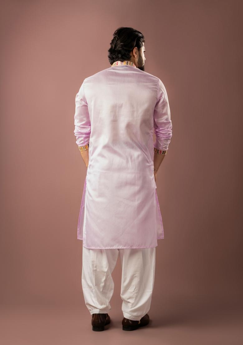 Pink Embroidery Linen Kurta Pajama Set For Men - Indya