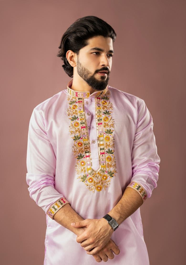 Pink Embroidery Linen Kurta Pajama Set For Men - Indya