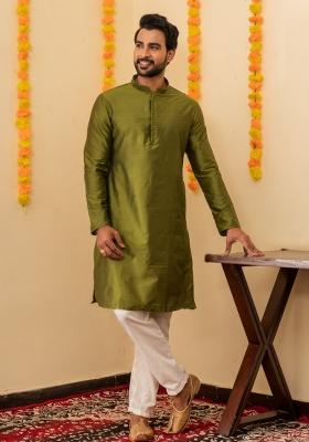 Olive Solid Cotton Kurta Pyjama Set For Men