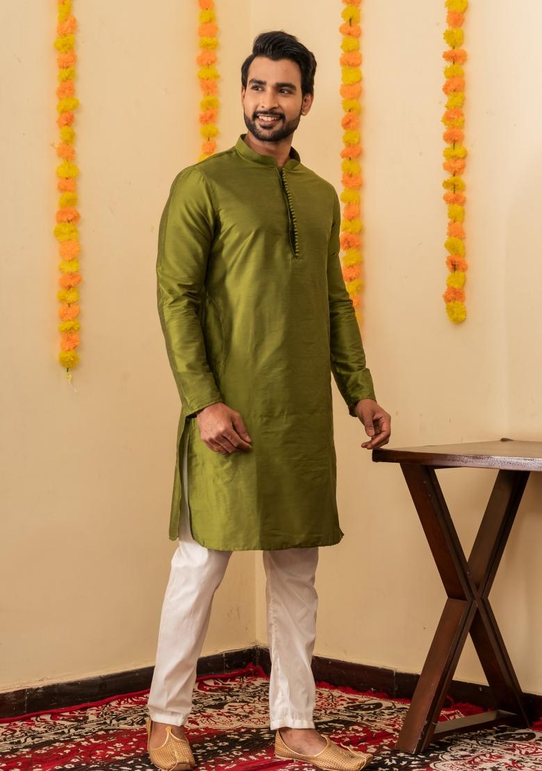 Olive Solid Cotton Kurta Pyjama Set For Men - Indya