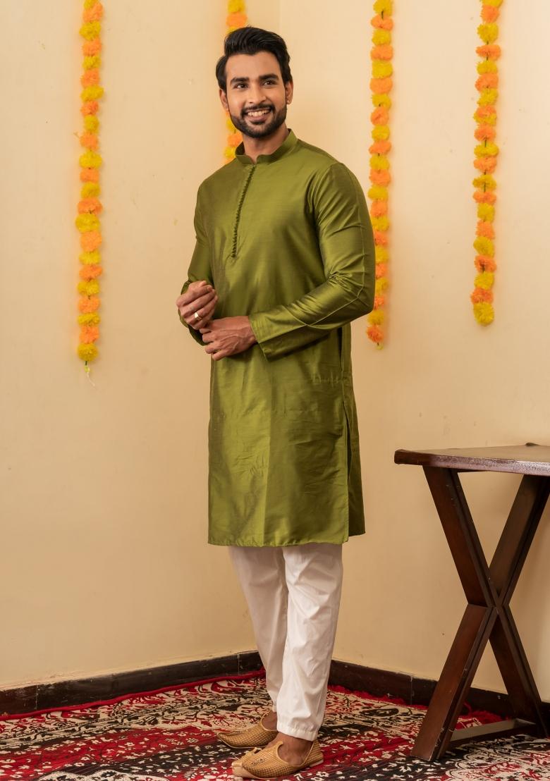 Olive Solid Cotton Kurta Pyjama Set For Men - Indya