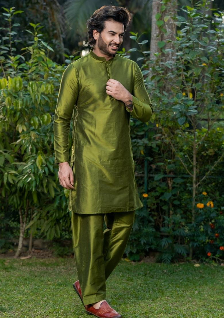 Olive Solid Cotton Kurta Pyjama Set For Men - Indya