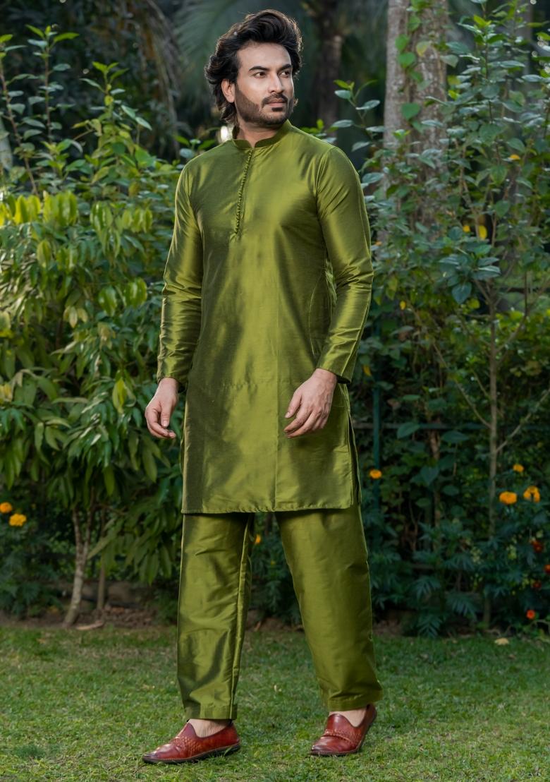Olive Solid Cotton Kurta Pyjama Set For Men - Indya