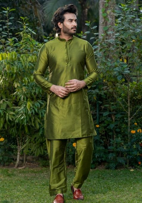Olive Solid Cotton Kurta Pyjama Set For Men