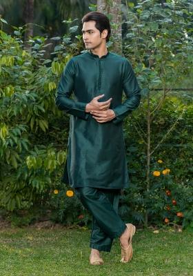 Deep Green Solid Cotton Kurta Pyjama Set For Men