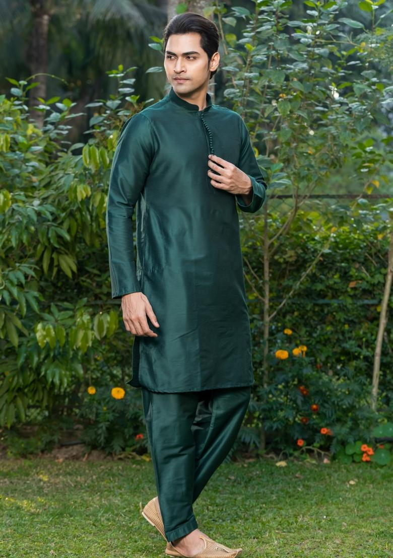 Deep Green Solid Cotton Kurta Pyjama Set For Men - Indya