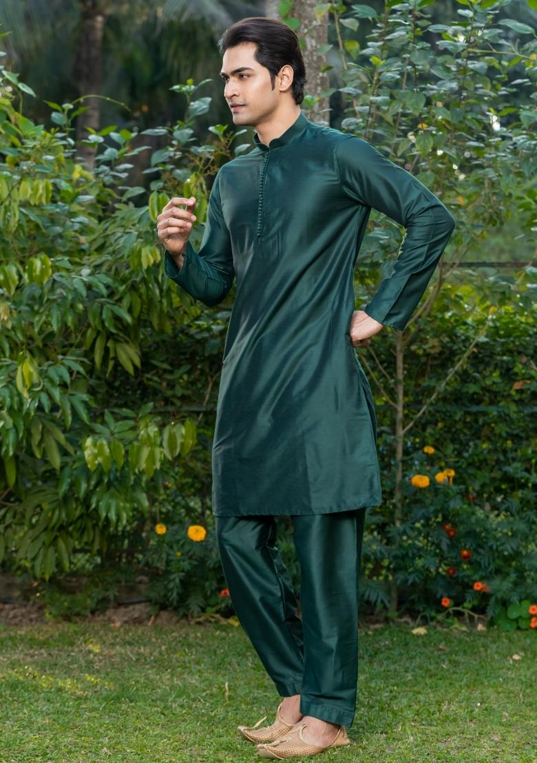 Deep Green Solid Cotton Kurta Pyjama Set For Men - Indya