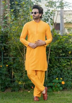 Yellow Solid Cotton Kurta Pyjama Set For Men