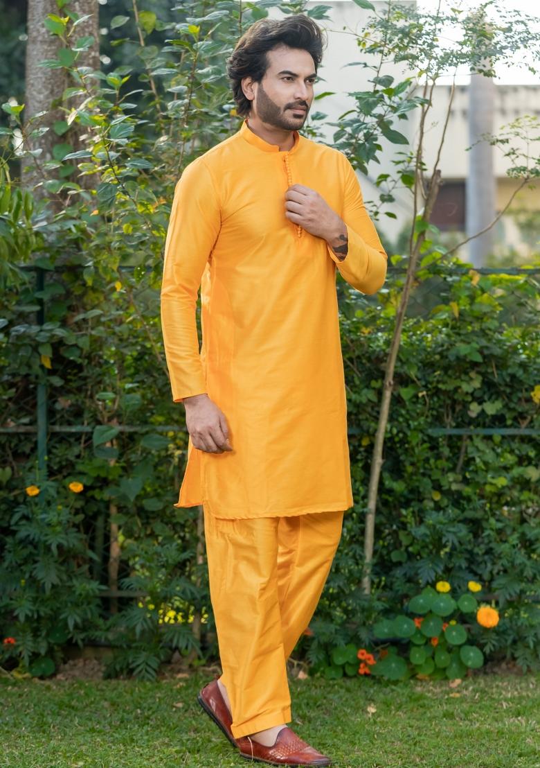 Yellow Solid Cotton Kurta Pyjama Set For Men - Indya