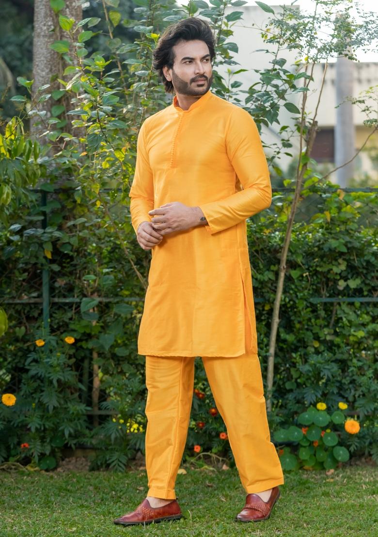 Yellow Solid Cotton Kurta Pyjama Set For Men - Indya