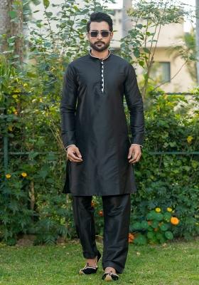 Black Solid Cotton Salwar Suit Set For Men