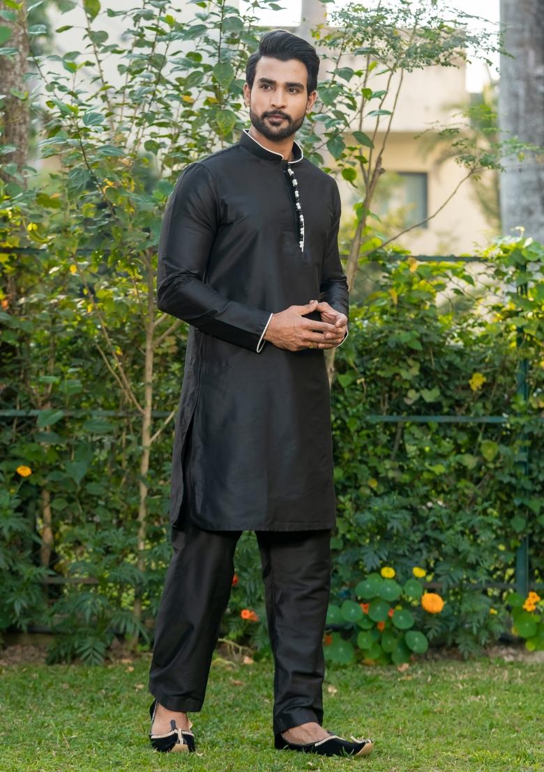 Black Solid Cotton Salwar Suit Set For Men - Indya