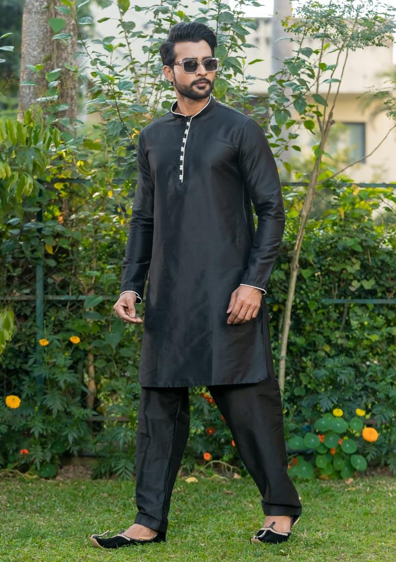 Black Solid Cotton Salwar Suit Set For Men - Indya