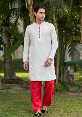 White Solid Cotton Salwar Suit Set For Men