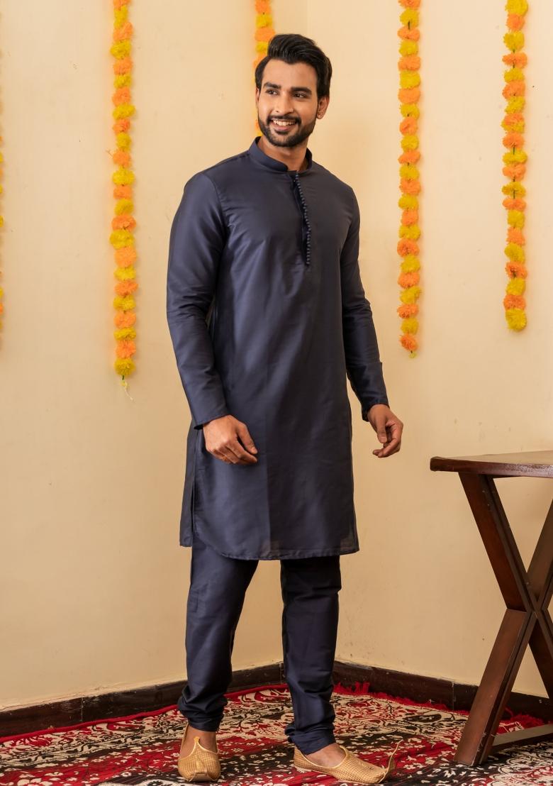 Navy Blue Solid Cotton Kurta Churidar Set For Men - Indya