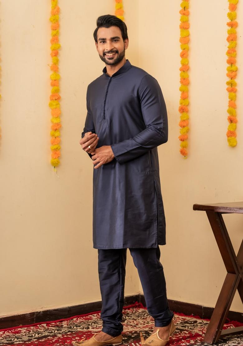 Navy Blue Solid Cotton Kurta Churidar Set For Men - Indya
