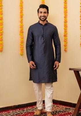 Navy Blue Solid Cotton Kurta Pyjama Set For Men