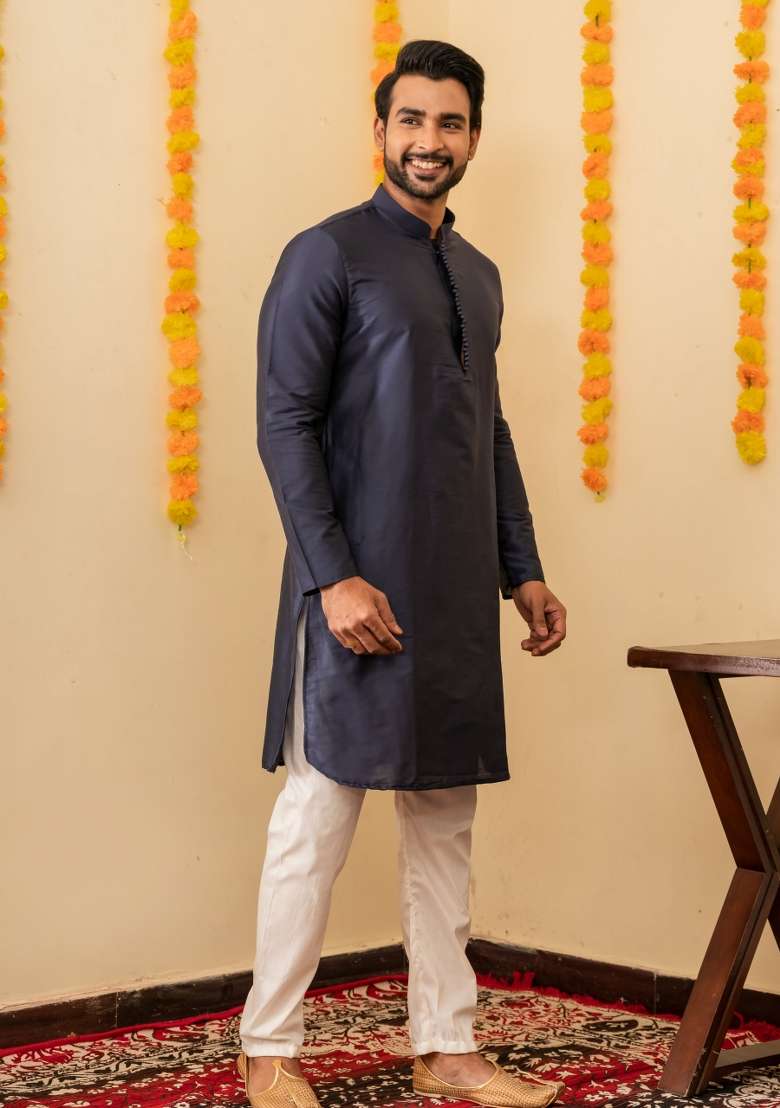 Navy Blue Solid Cotton Kurta Pyjama Set For Men - Indya