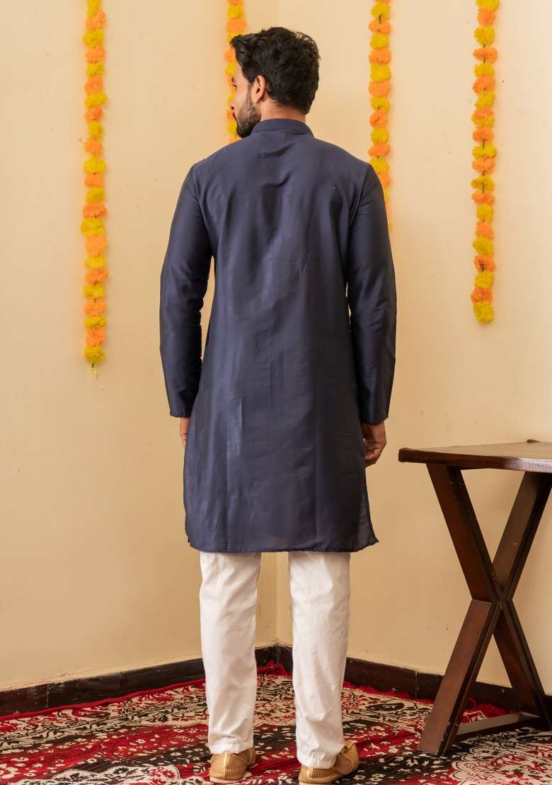 Navy Blue Solid Cotton Kurta Pyjama Set For Men - Indya