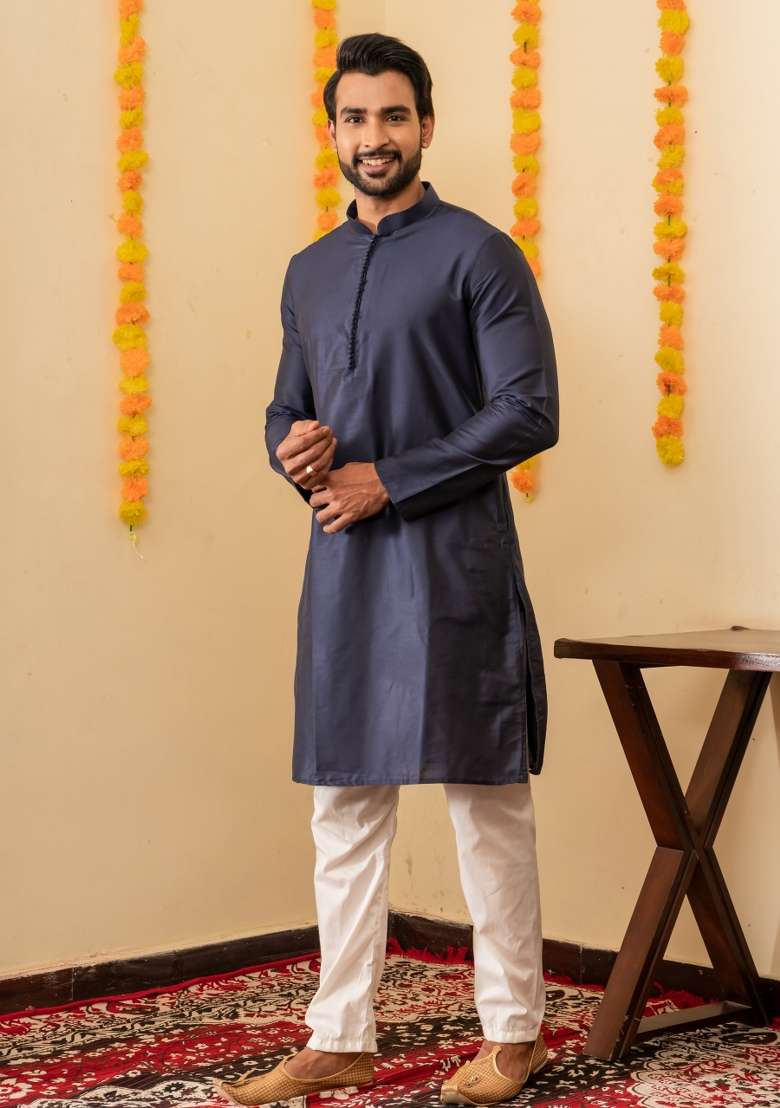 Navy Blue Solid Cotton Kurta Pyjama Set For Men - Indya
