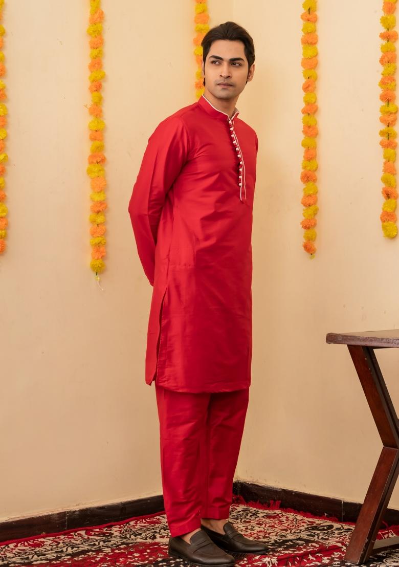 Red Solid Cotton Salwar Suit Set For Men - Indya