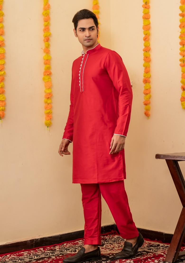 Red Solid Cotton Salwar Suit Set For Men - Indya
