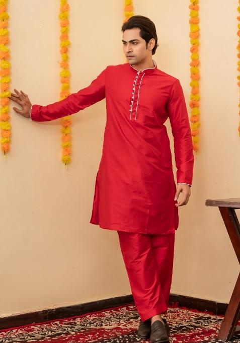 Red Solid Cotton Salwar Suit Set For Men